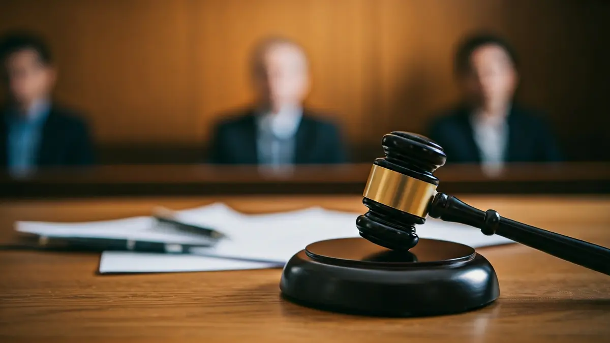 Imagen genérica de un mazo de juez sobre una mesa de madera, con documentos legales desenfocados al fondo.