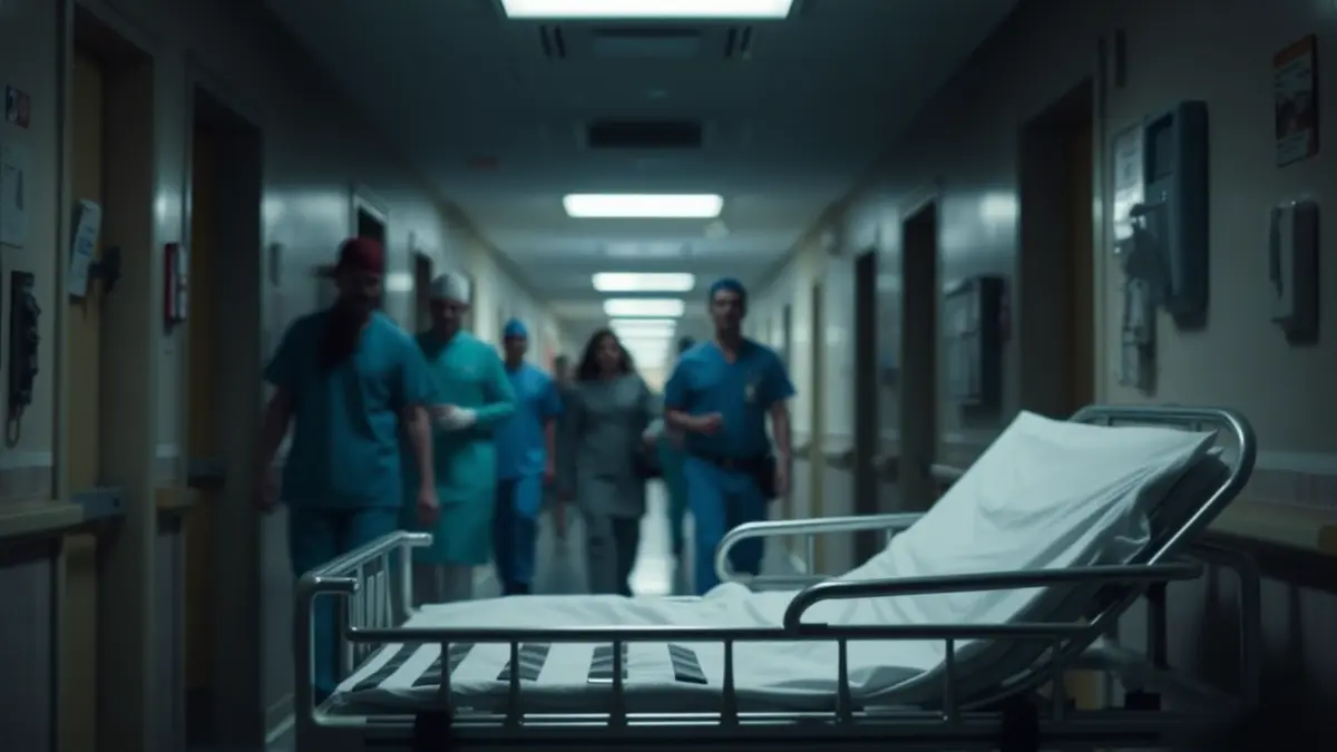 Imagen genérica de un pasillo de hospital de noche, con figuras borrosas de personal médico.