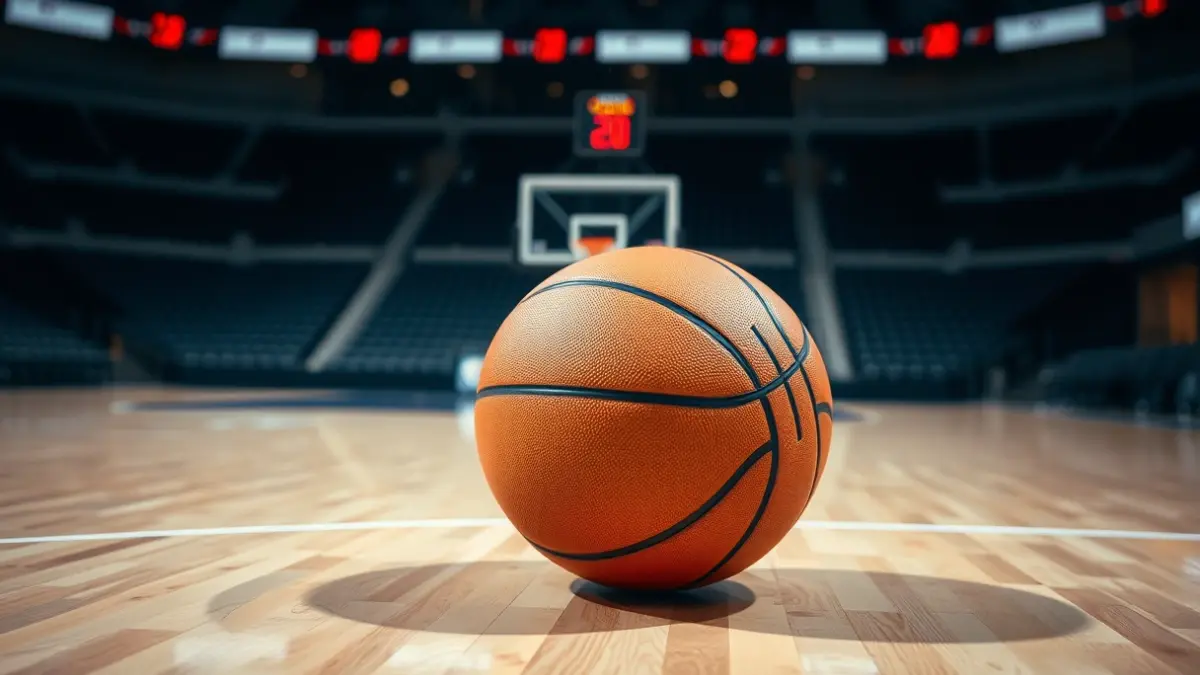 Imagen genérica de un balón de baloncesto en una cancha, con asientos del estadio desenfocados al fondo.