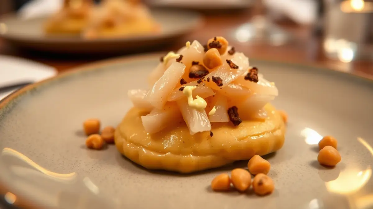 Image of a gourmet tapa, 'Bajo el manto', with cod and chickpea cream.