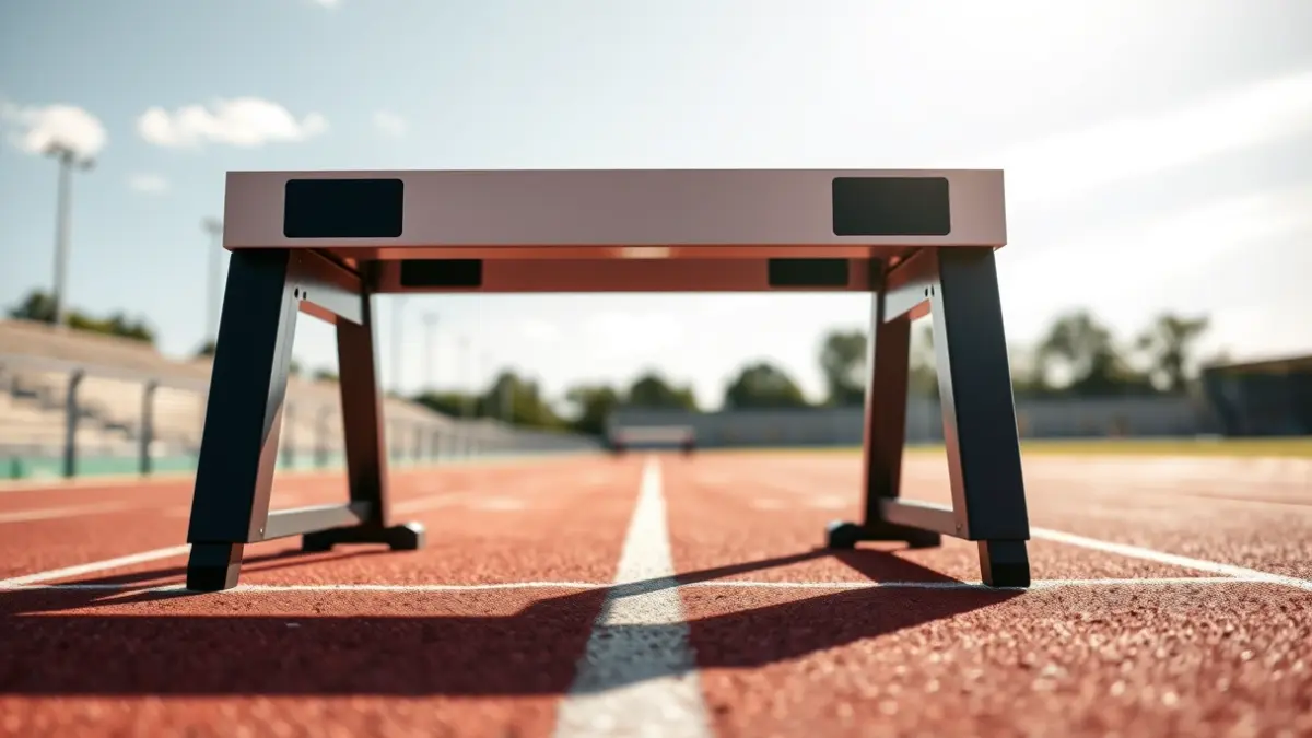 Imatge genèrica d'un bloc d'eixida en una pista d'atletisme, amb les carreres difuminades al fons.