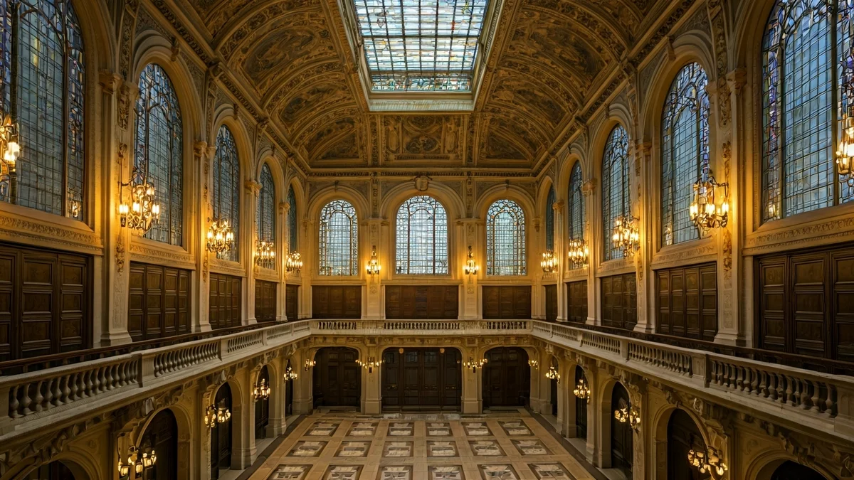 Imagen del interior del Salón de Cristal del Ayuntamiento de Valencia, con sus vidrieras y lámparas.