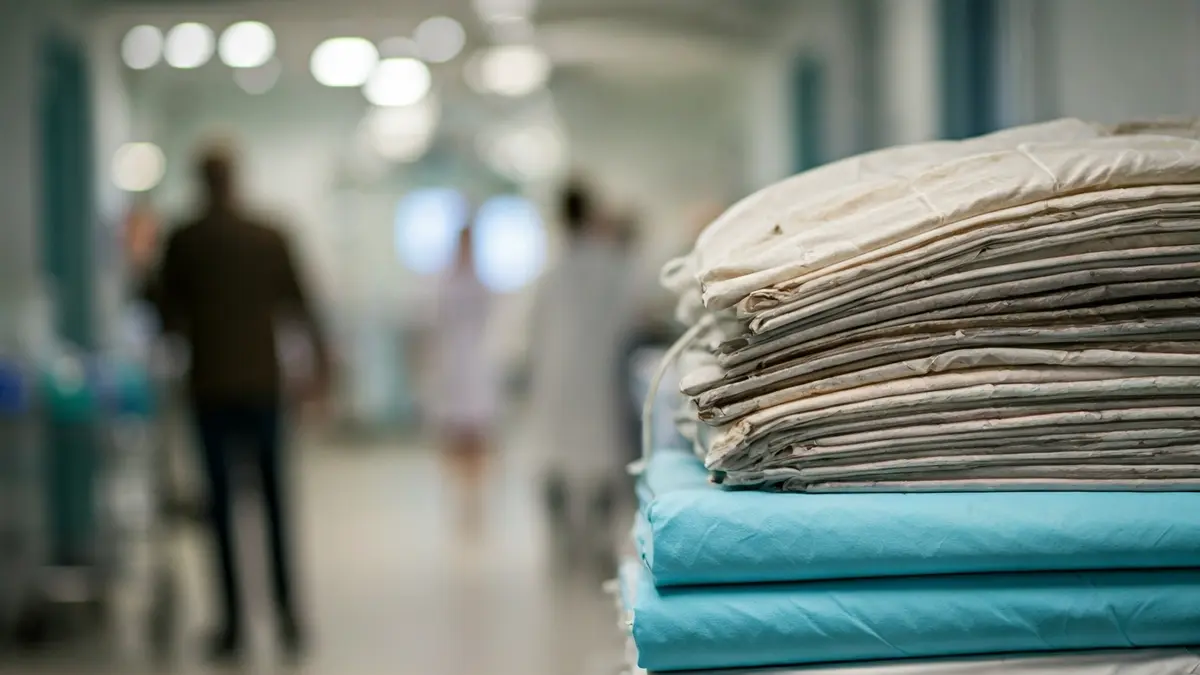Generic image of laundry bags in a hospital corridor.