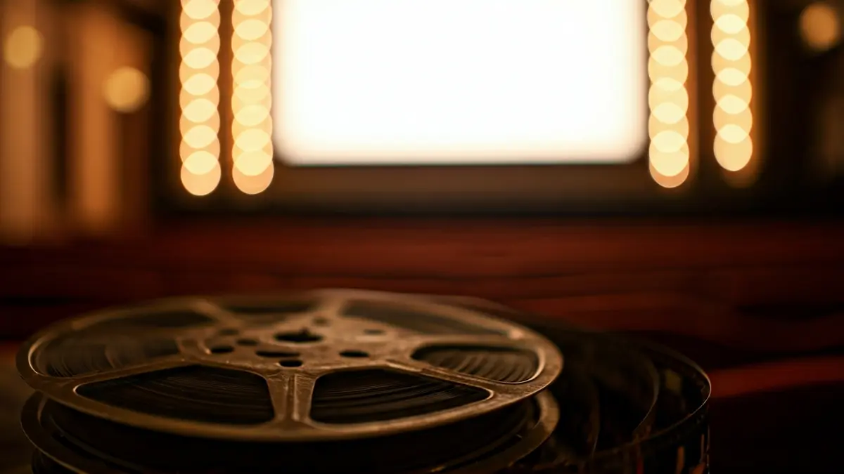 Imatge genèrica d'un rodet de pel·lícula amb llums borroses d'una pantalla de cinema al fons.