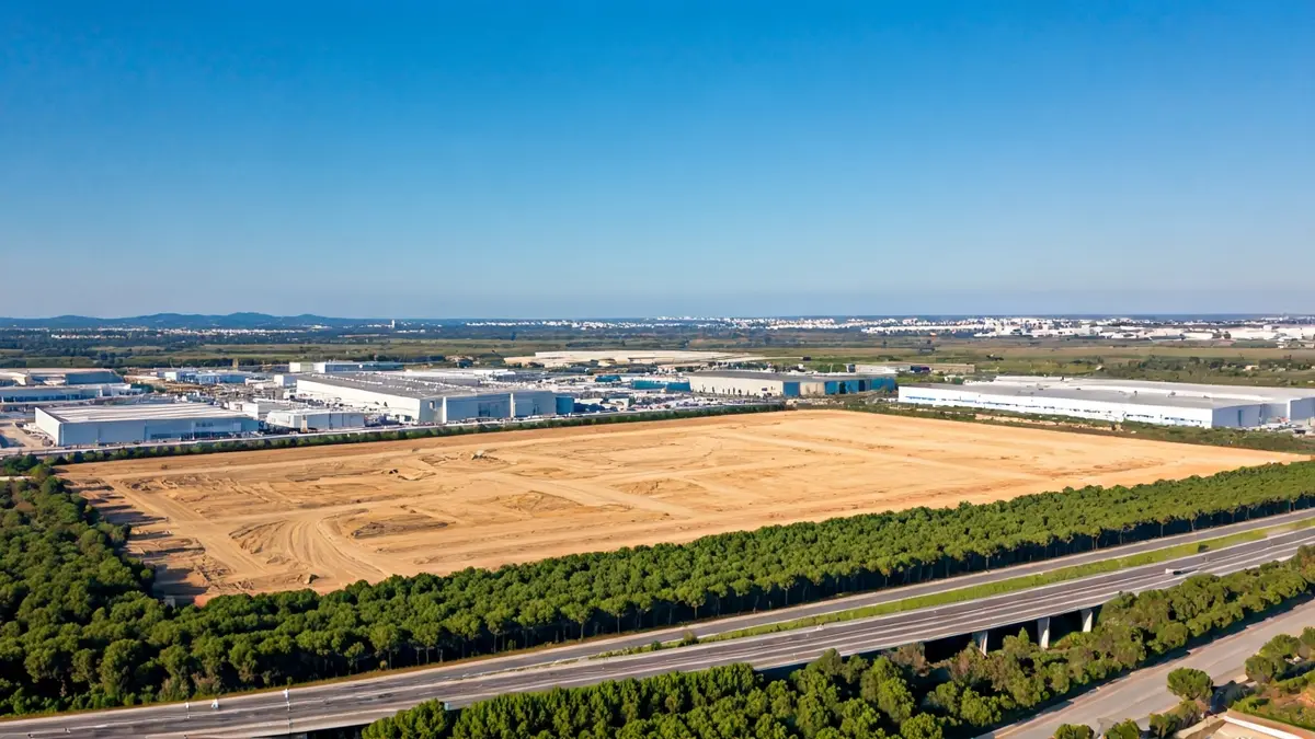 Imagen genérica de una gran parcela de suelo industrial sin urbanizar, con edificios industriales al fondo.