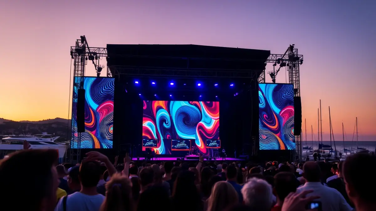 Imatge d'un escenari de concert amb llums i una multitud borrosa en un festival a l'aire lliure.