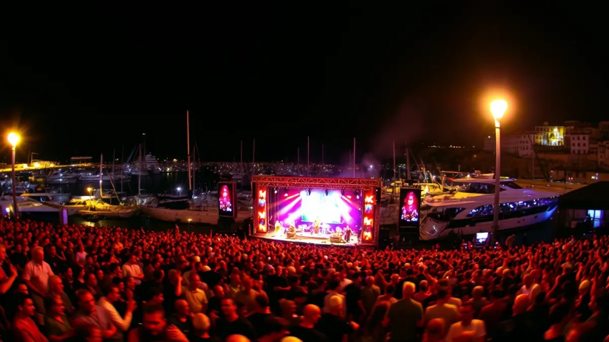Image of a music festival stage with lights and audience in a port, with ships and the sea in the background.