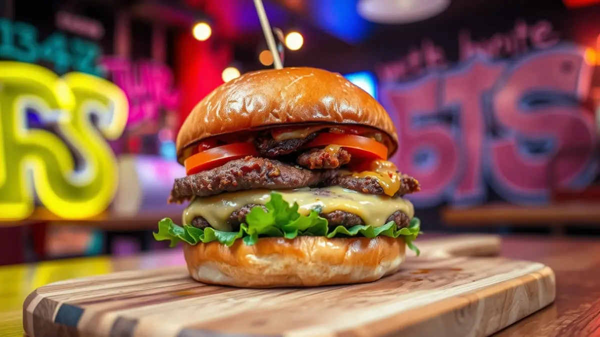 Image of a gourmet burger with brioche bun, melted cheese, and various toppings, served in a neon-lit restaurant setting with graffiti.