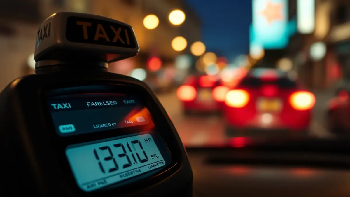 Imagen genérica de un taxímetro mostrando una tarifa, con luces de ciudad desenfocadas al fondo.