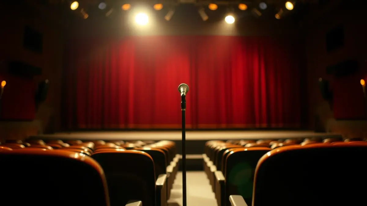Imatge genèrica d'un escenari de teatre amb un micròfon i seients buits.