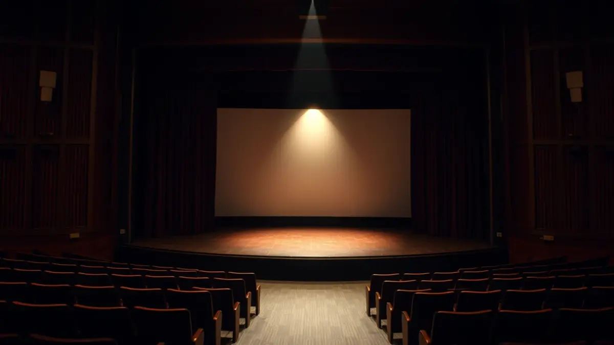 Image of a theater stage with a blank mural and seats, evoking memory and intimacy.