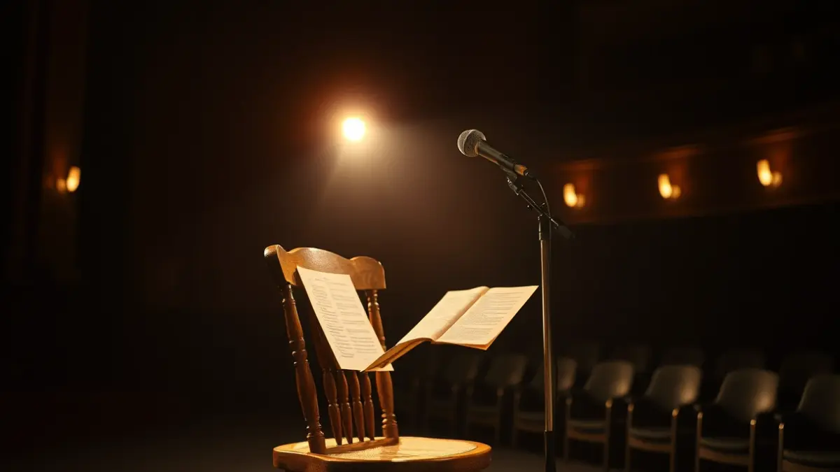 Imagen genérica de un escenario teatral con una silla y un micrófono, iluminación dramática.