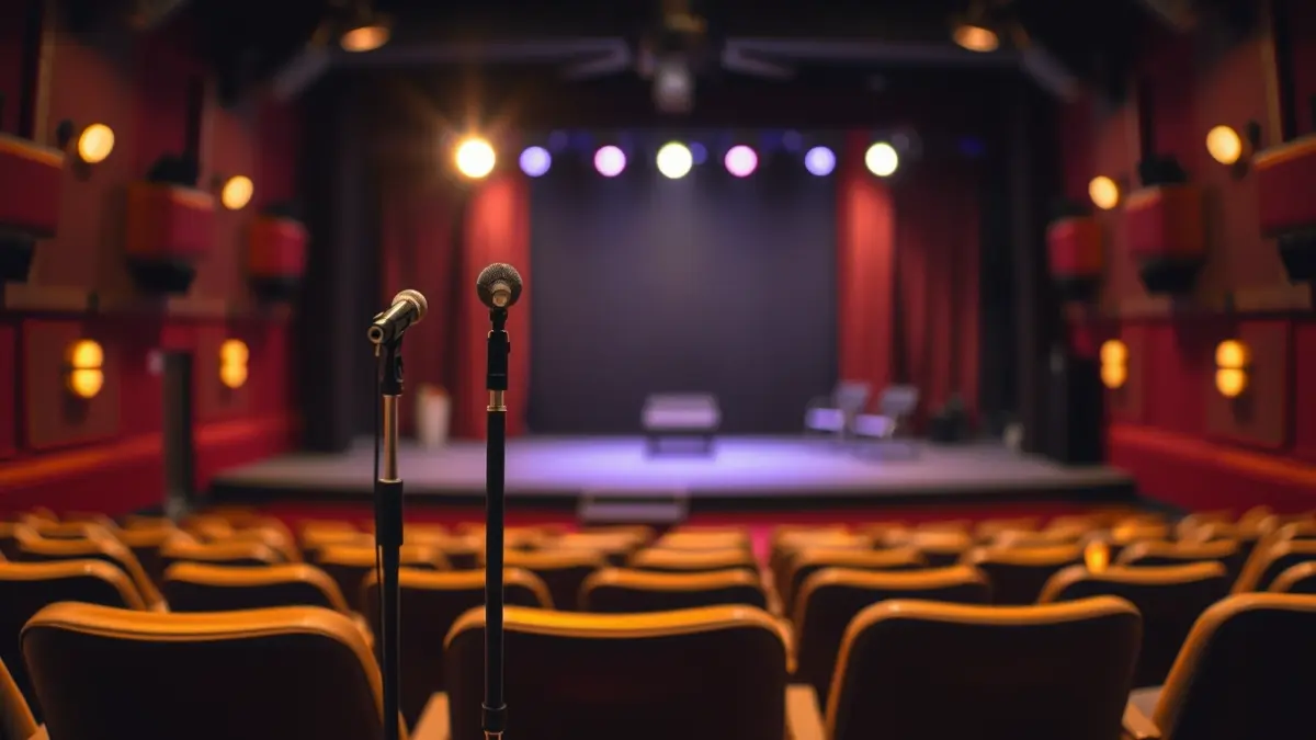 Imatge genèrica d'un escenari de teatre amb un micròfon i seients buits.