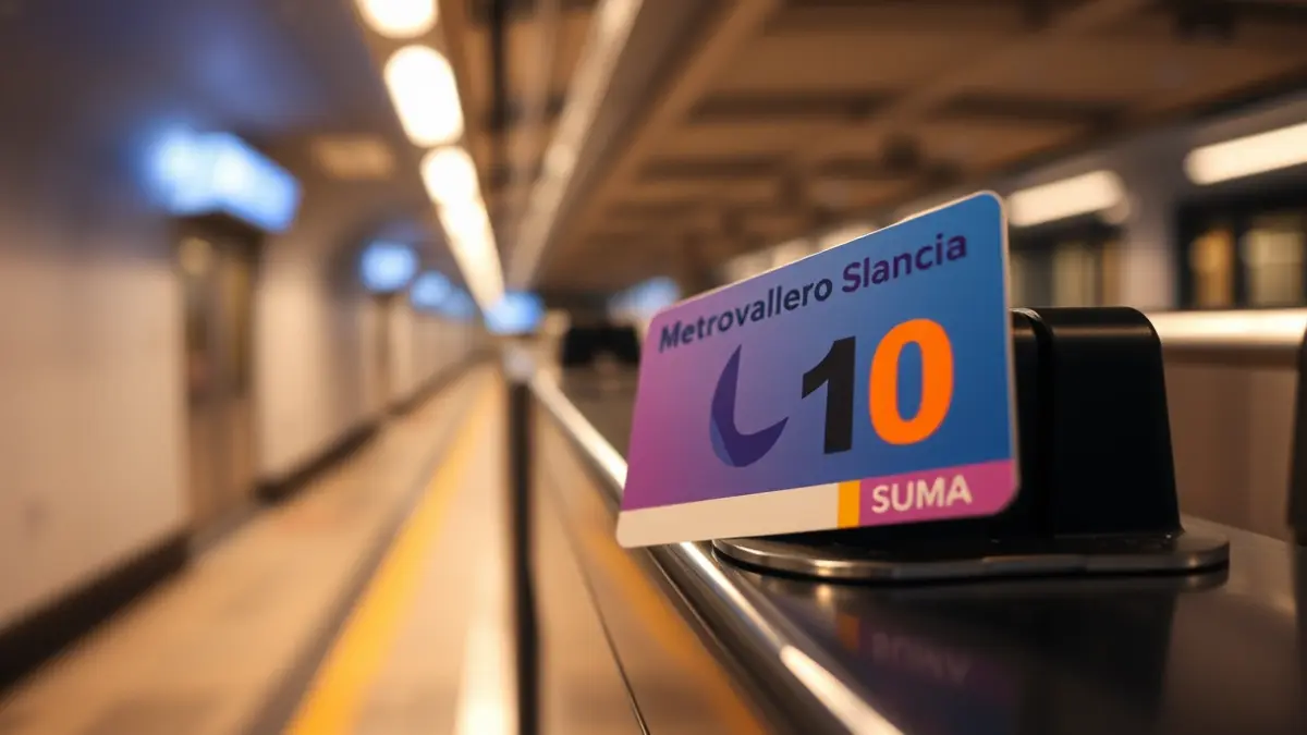 Tarjeta de transporte SUMA 10 de Metrovalencia en un torniquete, con una estación de metro moderna desenfocada al fondo.