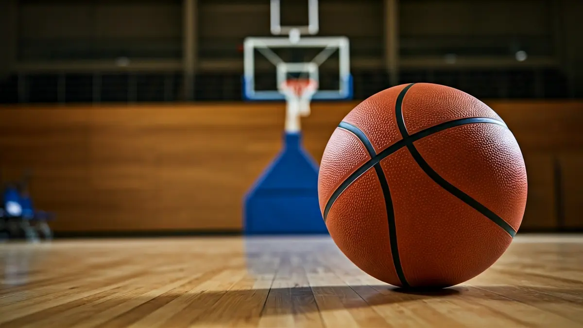Generic image of a basketball on a wooden court.