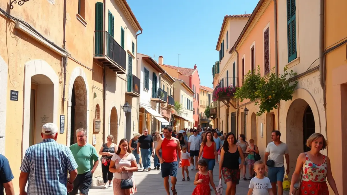 Image of a lively street in a Mediterranean village, with people walking and children playing, reflecting a sense of community and growth.