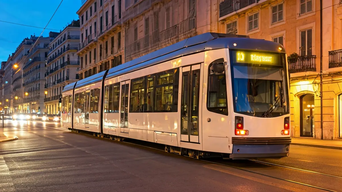 Imatge genèrica d'un tramvia modern en moviment per una ciutat al capvespre.