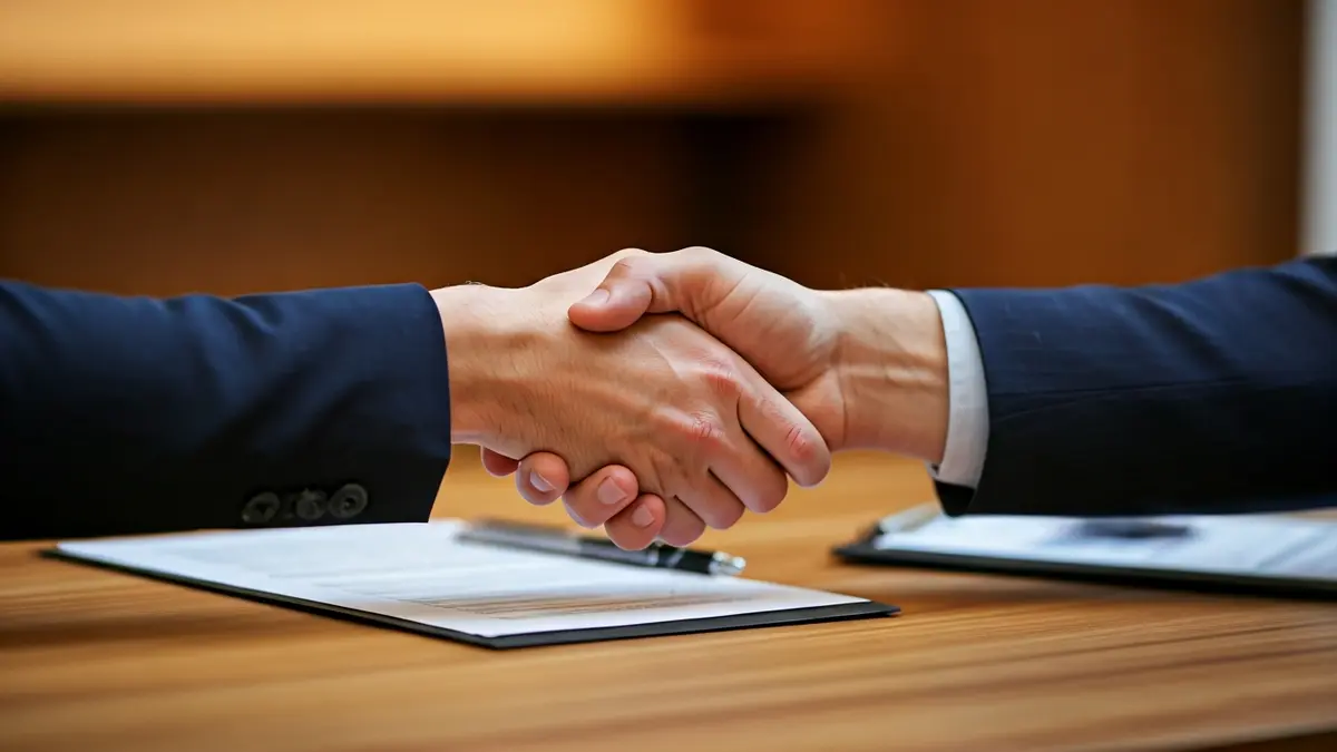 Imatge genèrica de dues mans encaixant sobre un escriptori, simbolitzant acords professionals.