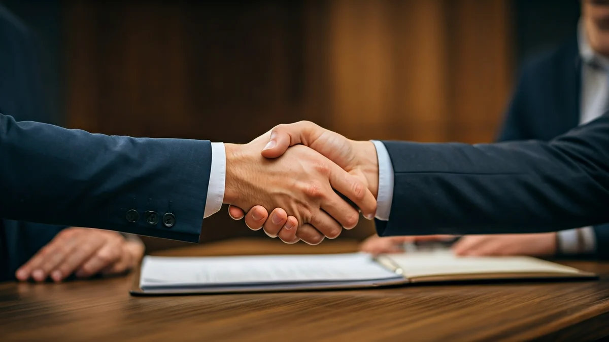 Generic image of two hands shaking over a desk with blurred documents, symbolizing a legal agreement or decision.