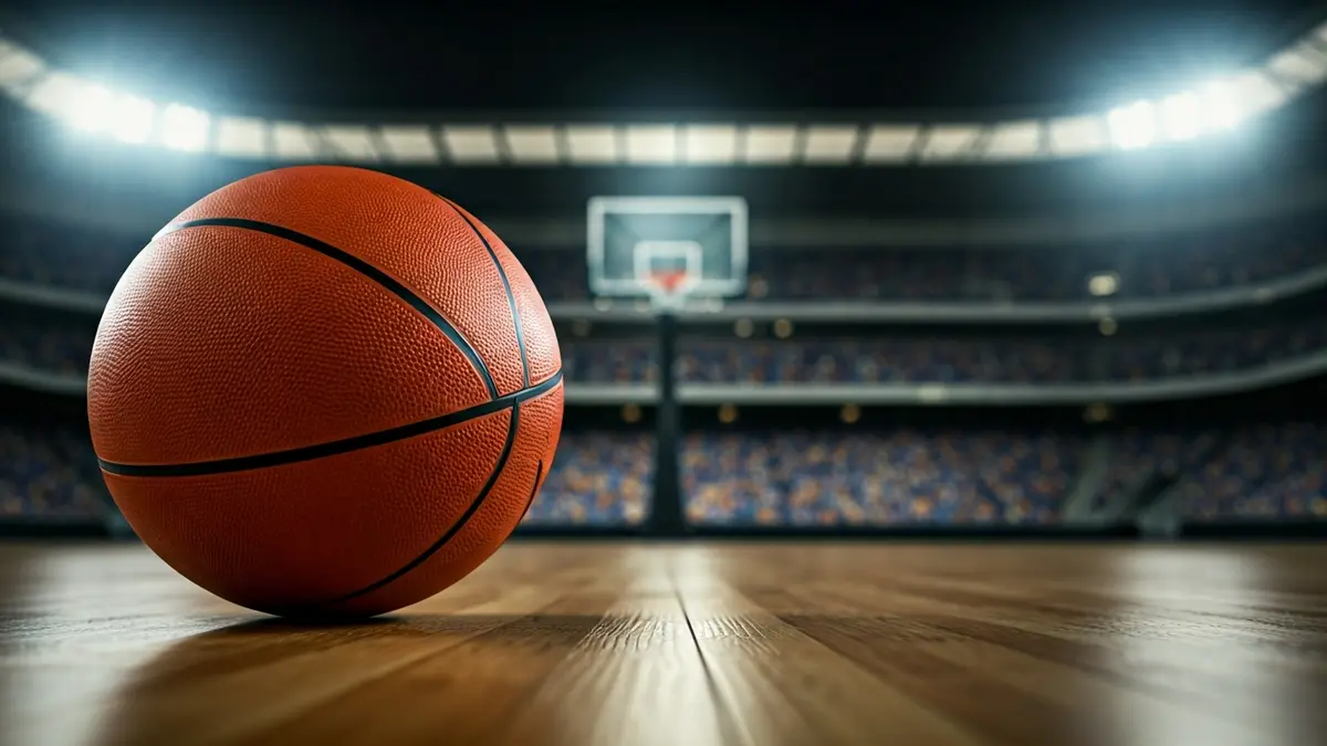 Imagen genérica de un balón de baloncesto en una cancha, con luces de estadio difuminadas al fondo.