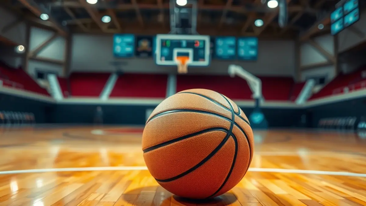 Generic image of a basketball on a court, with the hoop blurred in the background.