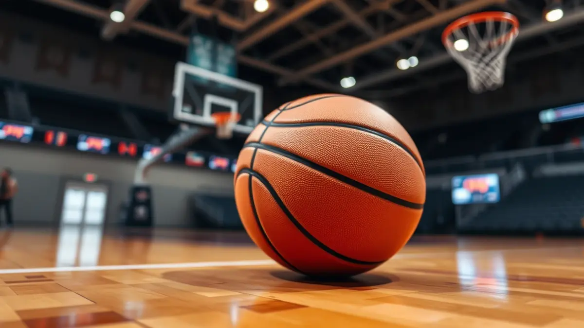 Generic image of a basketball on a court, with a blurred hoop in the background.