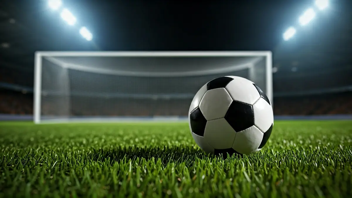 Generic image of a soccer ball on a grass field, with a blurred goal in the background.