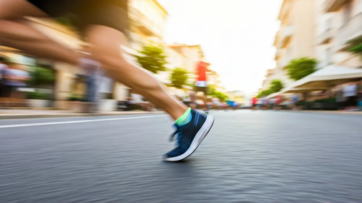 Imagen genérica de unas zapatillas de correr en una carretera de asfalto, con un pueblo mediterráneo de fondo.