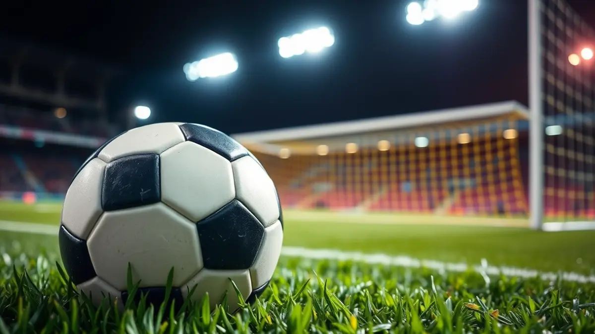 Generic image of a soccer ball on a grass field, with a blurred goal in the background.