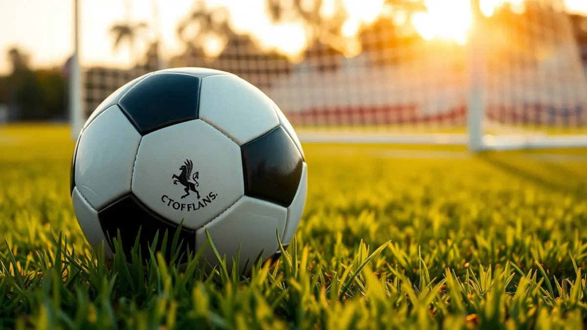 Generic image of a soccer ball on a stadium pitch, with a blurred goal in the background.