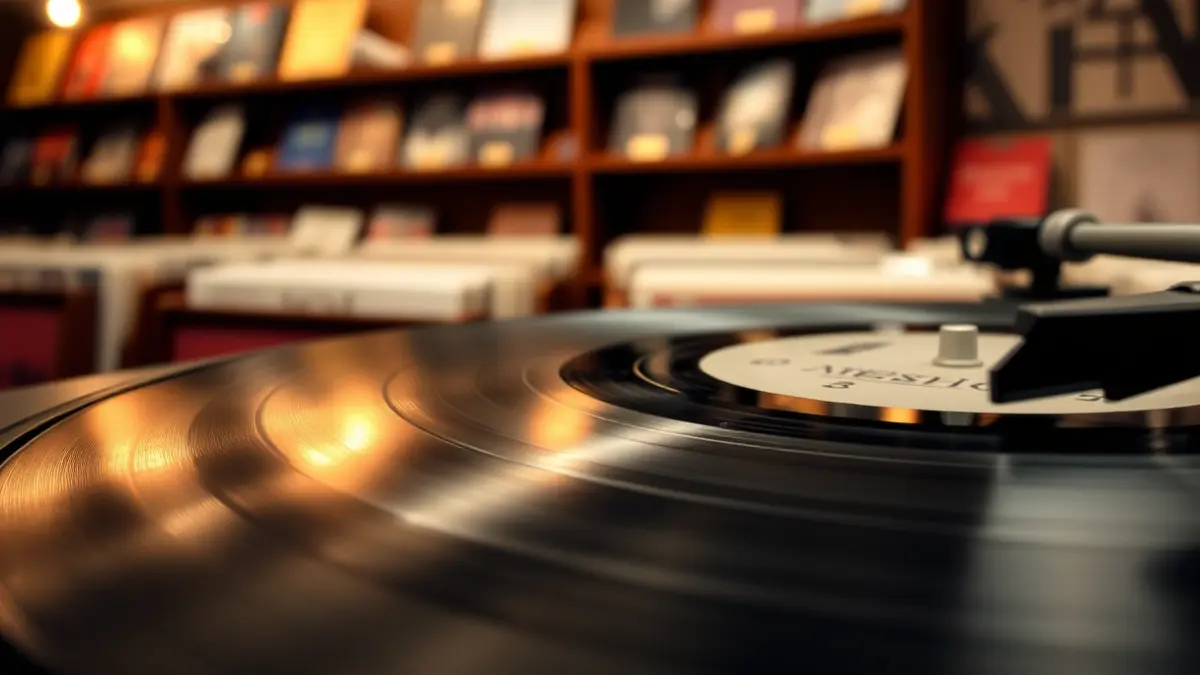 Imatge genèrica d'un disc de vinil girant en un tocadiscos, amb l'interior d'una tenda de discos desenfocat al fons.