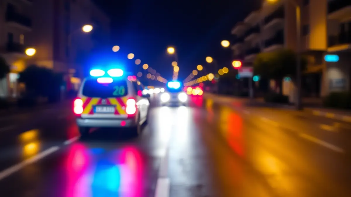 Generic image of emergency lights reflecting on a wet road at night, suggesting an urgent situation.