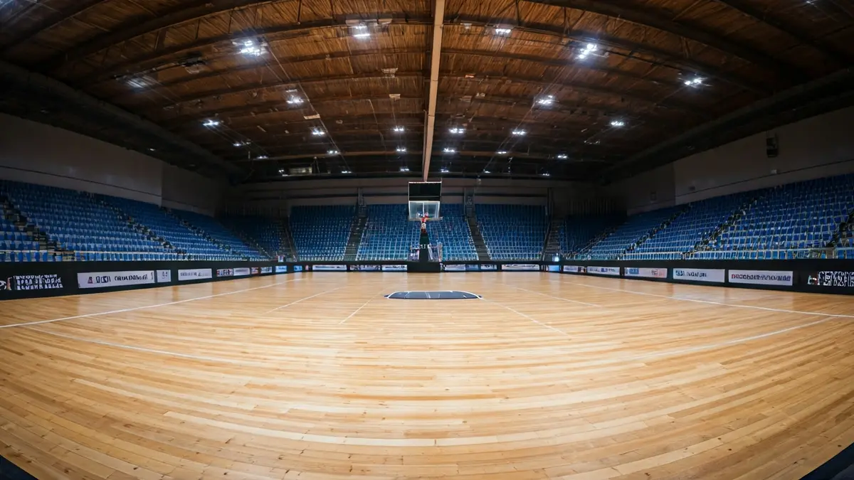 Image of a modern sports hall with individual seating and LED lighting.