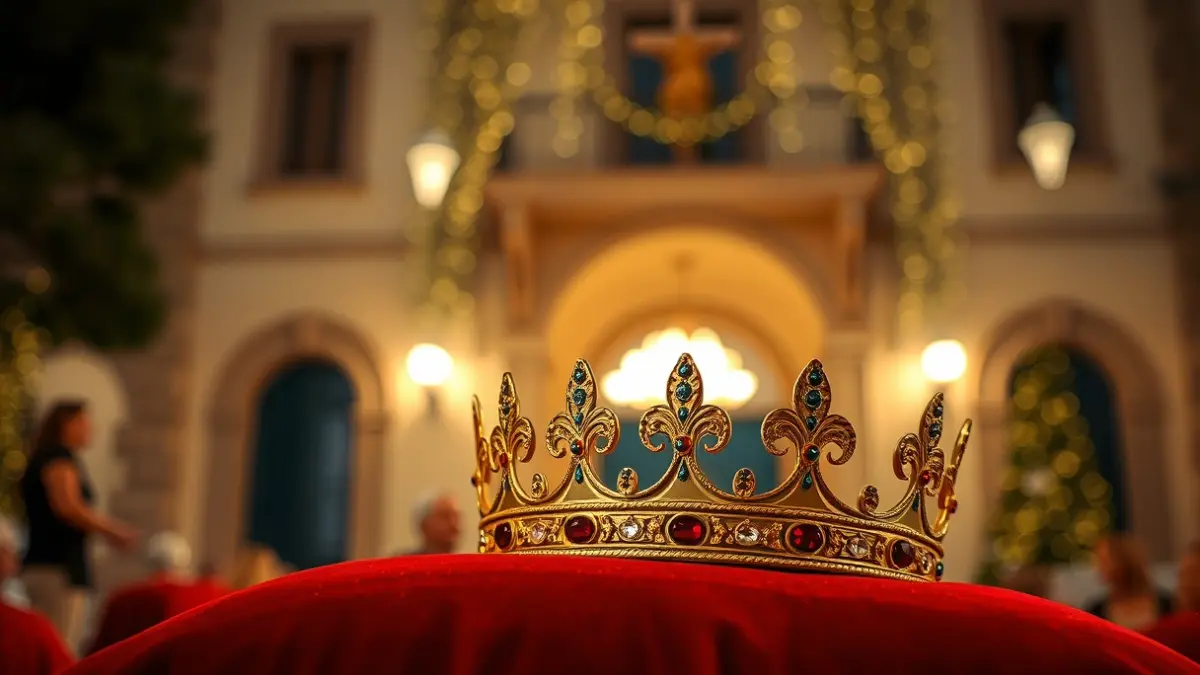 Imagen de una corona ceremonial sobre un cojín de terciopelo, con luces festivas difuminadas al fondo.