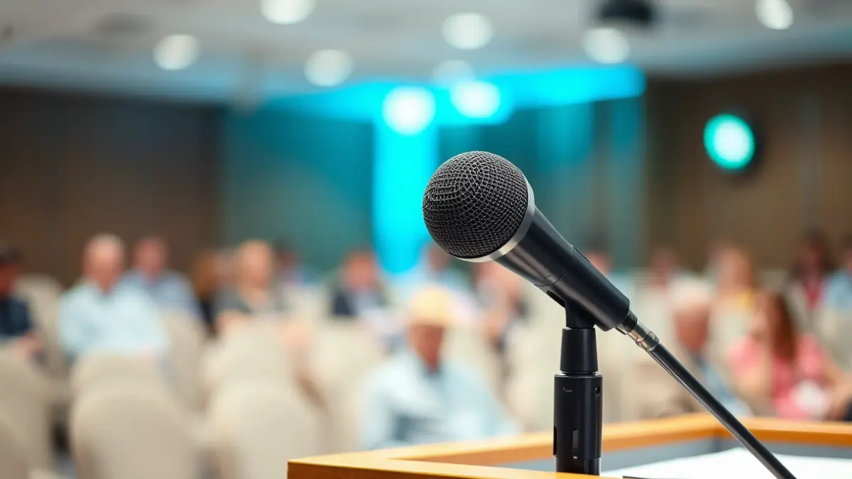 Generic image of a microphone on a podium during an assembly or meeting.