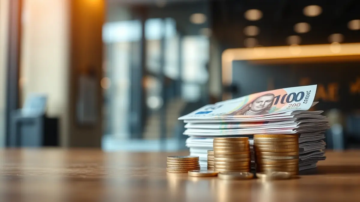 Imagen genérica de dinero en efectivo y monedas sobre una mesa, con un fondo desenfocado de un banco, simbolizando el ahorro.