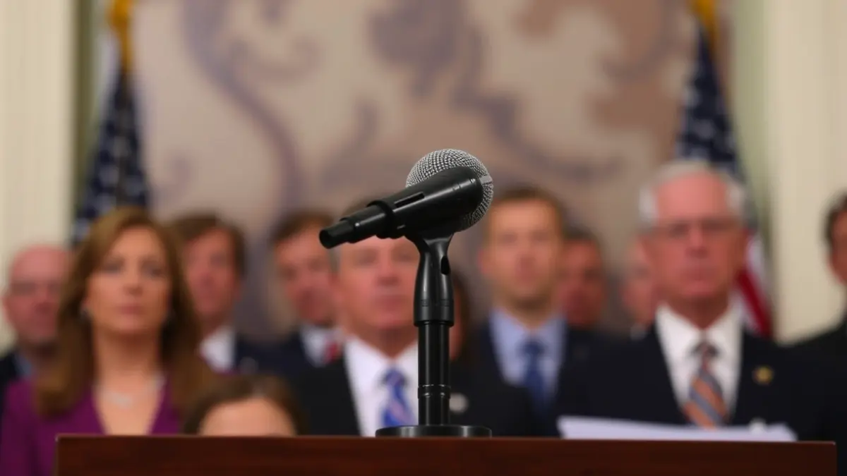 Generic image of a microphone on a podium, symbolizing a political debate or press conference.