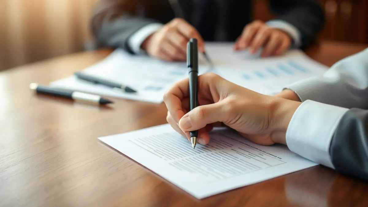 Generic image of hands signing a document in an office setting.