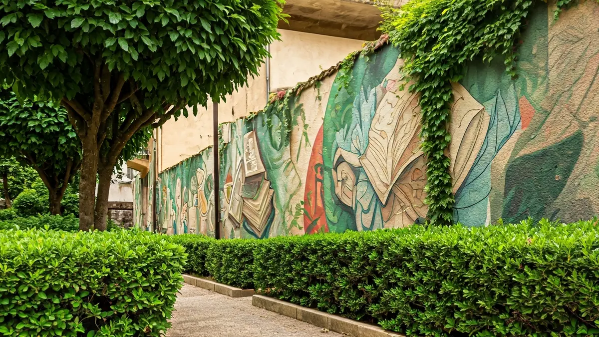 Image of an artistic mural with warm and green colors in a garden.