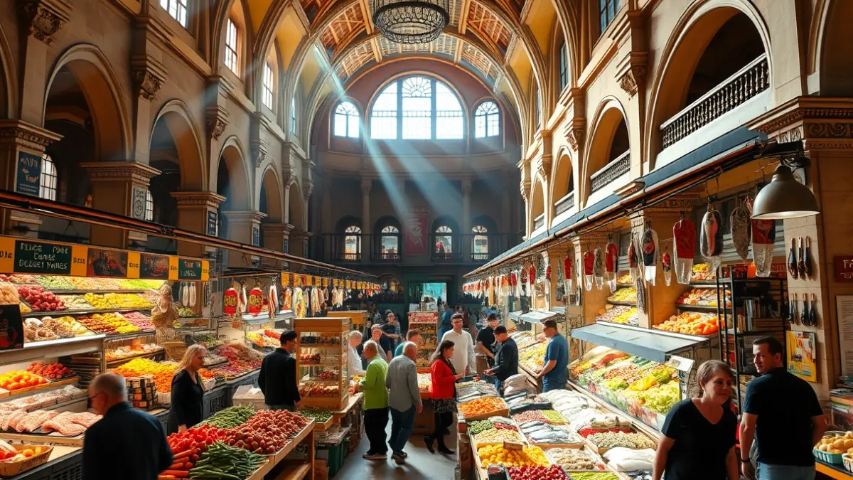 Image of the bustling interior of a historic municipal market, with stalls full of fresh produce and people shopping.