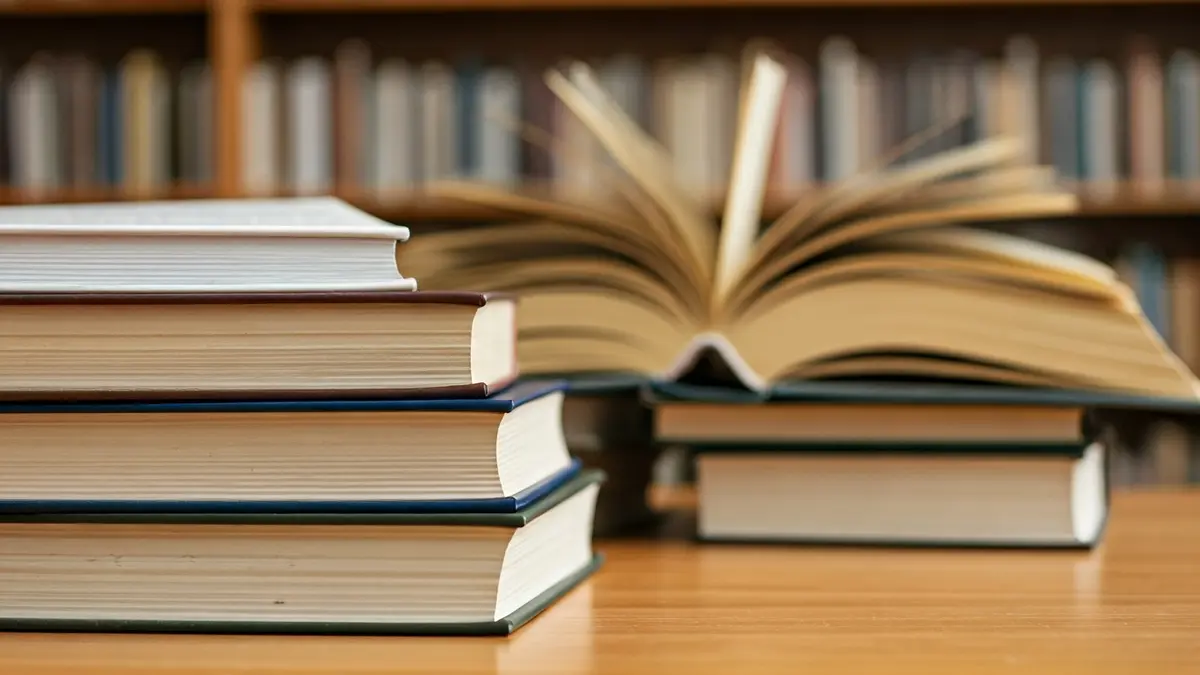 Generic image of books stacked on a wooden table in a library, with warm light.
