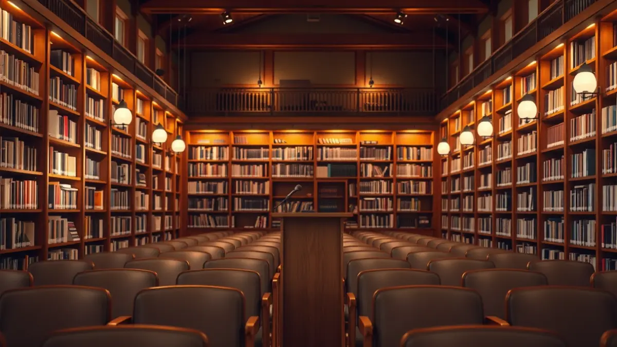 Imagen genérica de una sala de lectura con estanterías de madera y un micrófono en un atril.