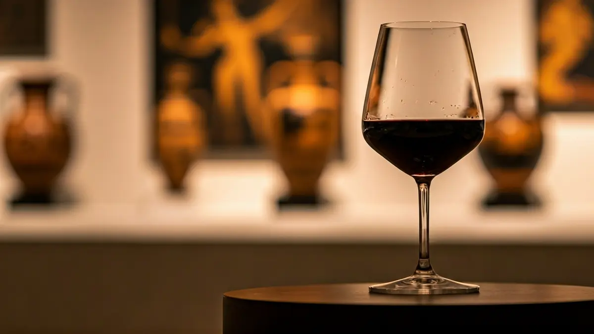 Image of a wine glass with blurred artworks in the background, symbolizing wine's influence on art.