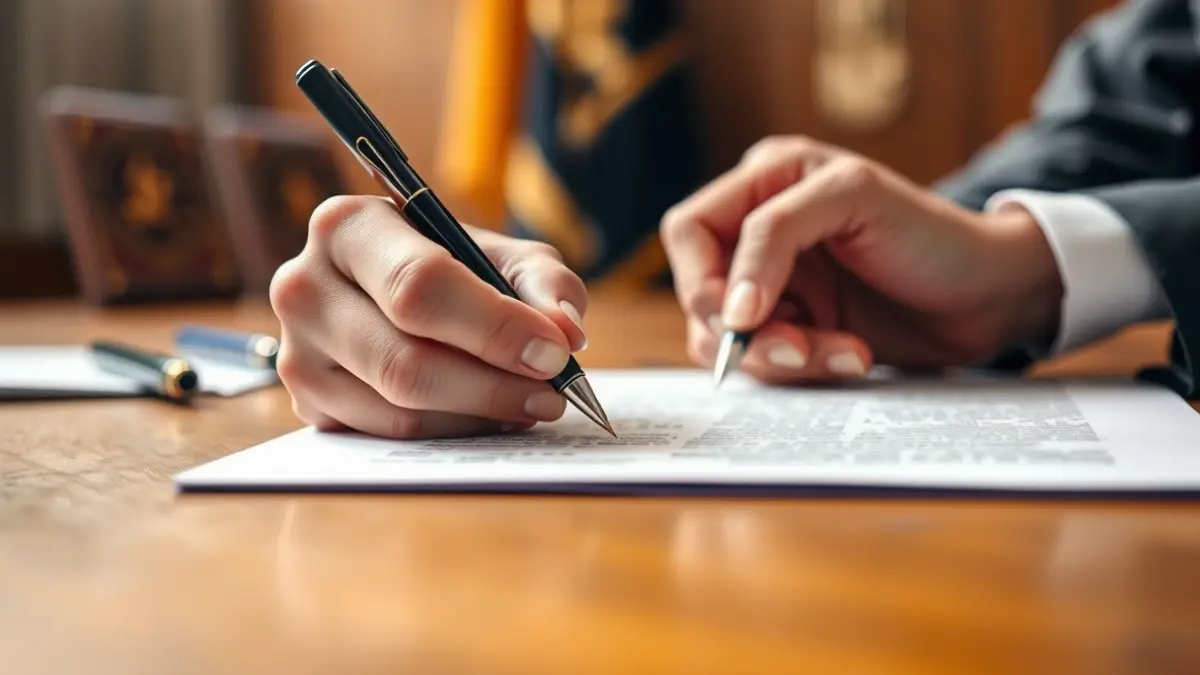 Imagen genérica de manos firmando un documento oficial, simbolizando la aprobación de acuerdos.