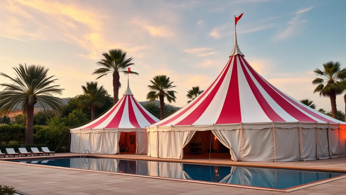 Imagen de una carpa de circo blanca y roja junto a una piscina en una terraza, rodeada de palmeras.