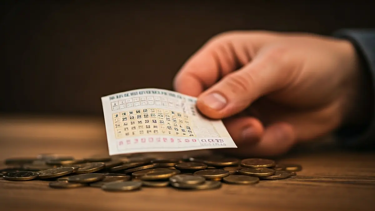 Imatge genèrica d'una mà sostenint un bitllet de loteria guanyador amb monedes d'euro.
