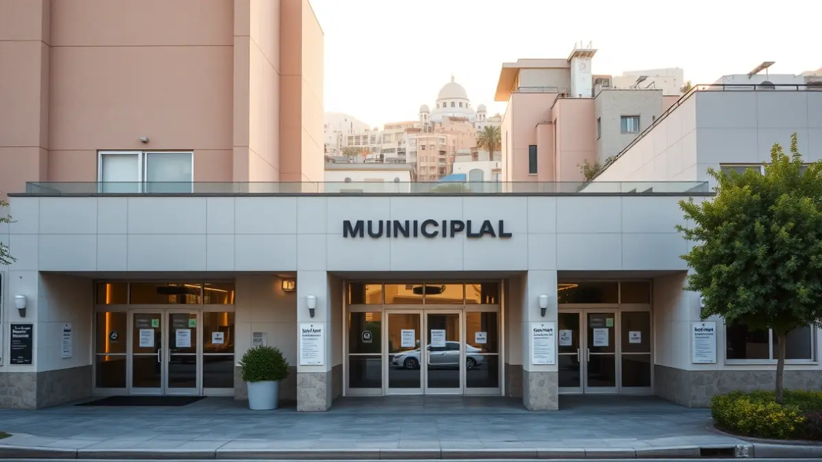Facade of a modern municipal building with multiple entrances and clear signage for different services, with the city of Elche in the background.