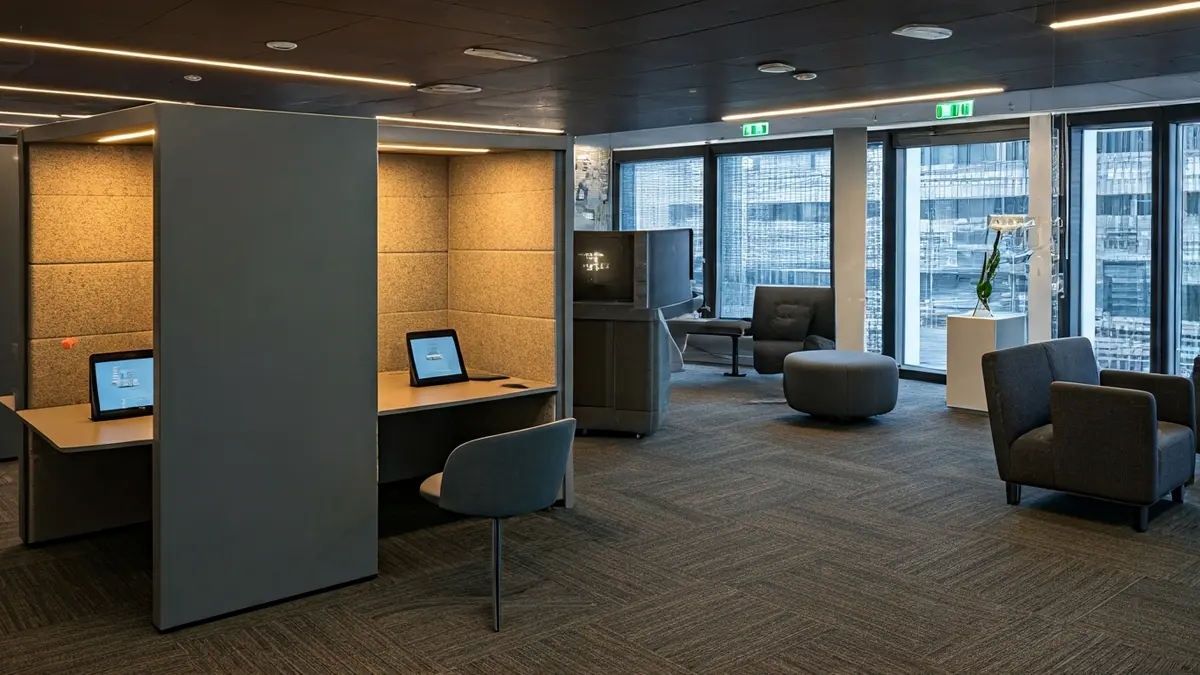 Generic image of a modern, digitized study room with soundproof booths and screens.