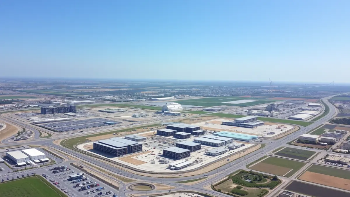 Aerial image of a developing commercial area, with new buildings and infrastructure, surrounded by industrial areas and green spaces, in a Mediterranean city.