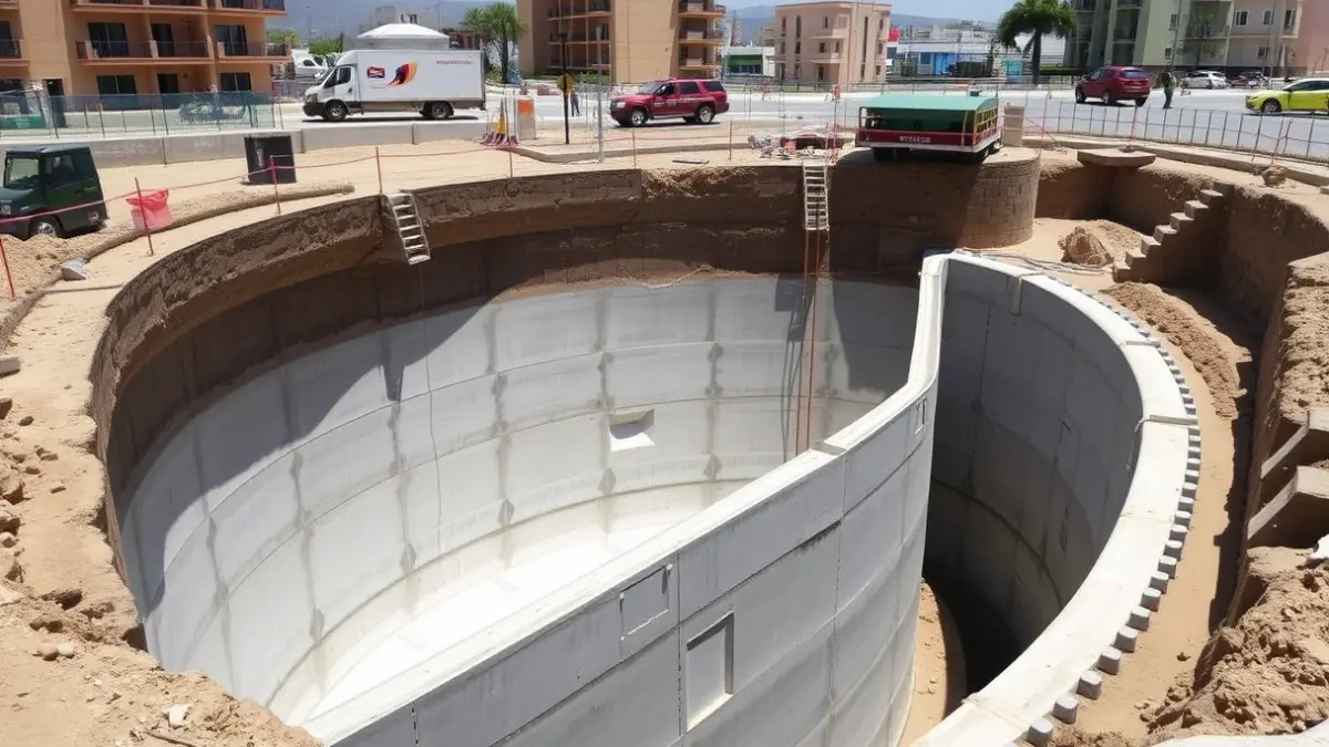 Image of a storm tank under construction in a Mediterranean urban area.